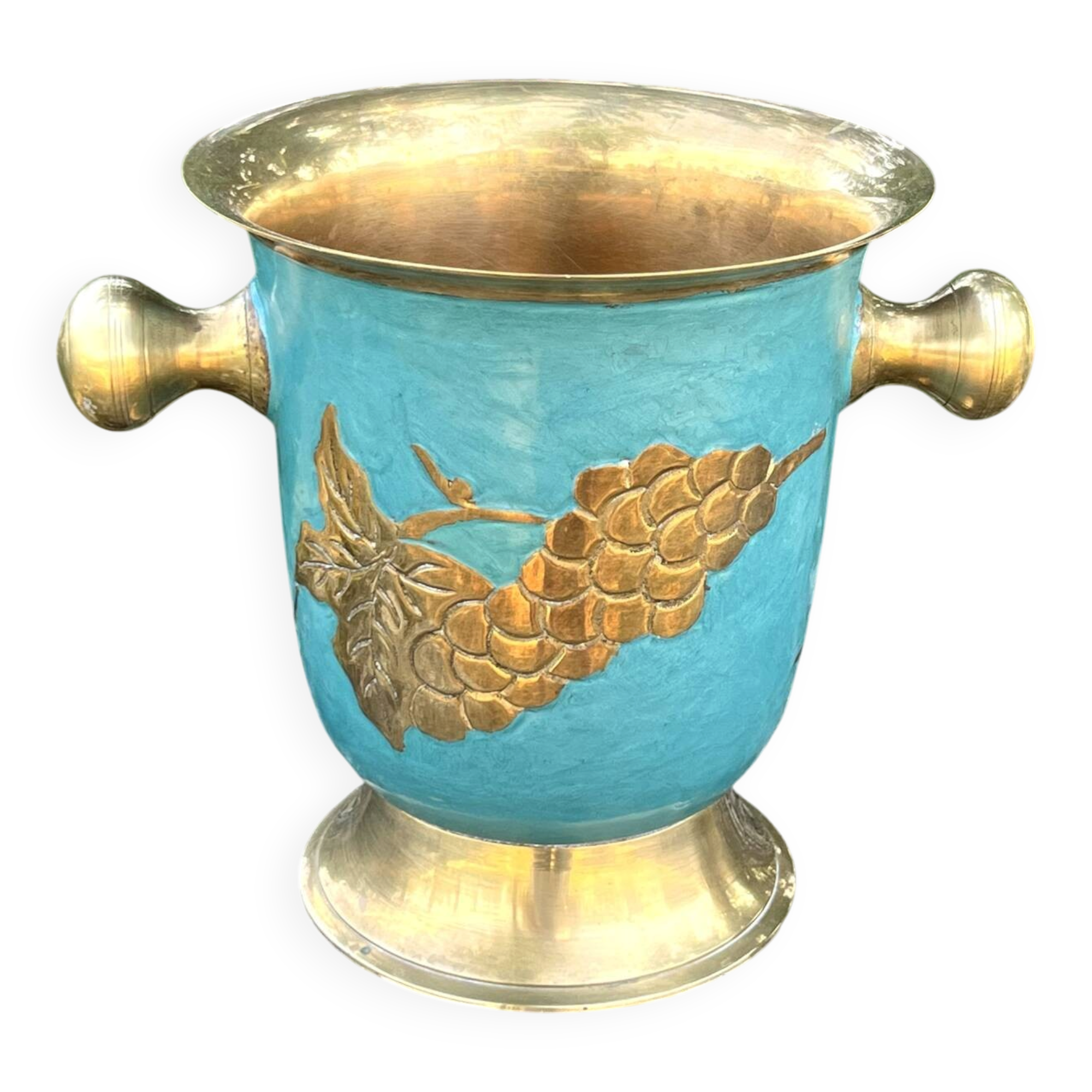 Vintage cloisonne brass champagne bucket with turquoise grape design