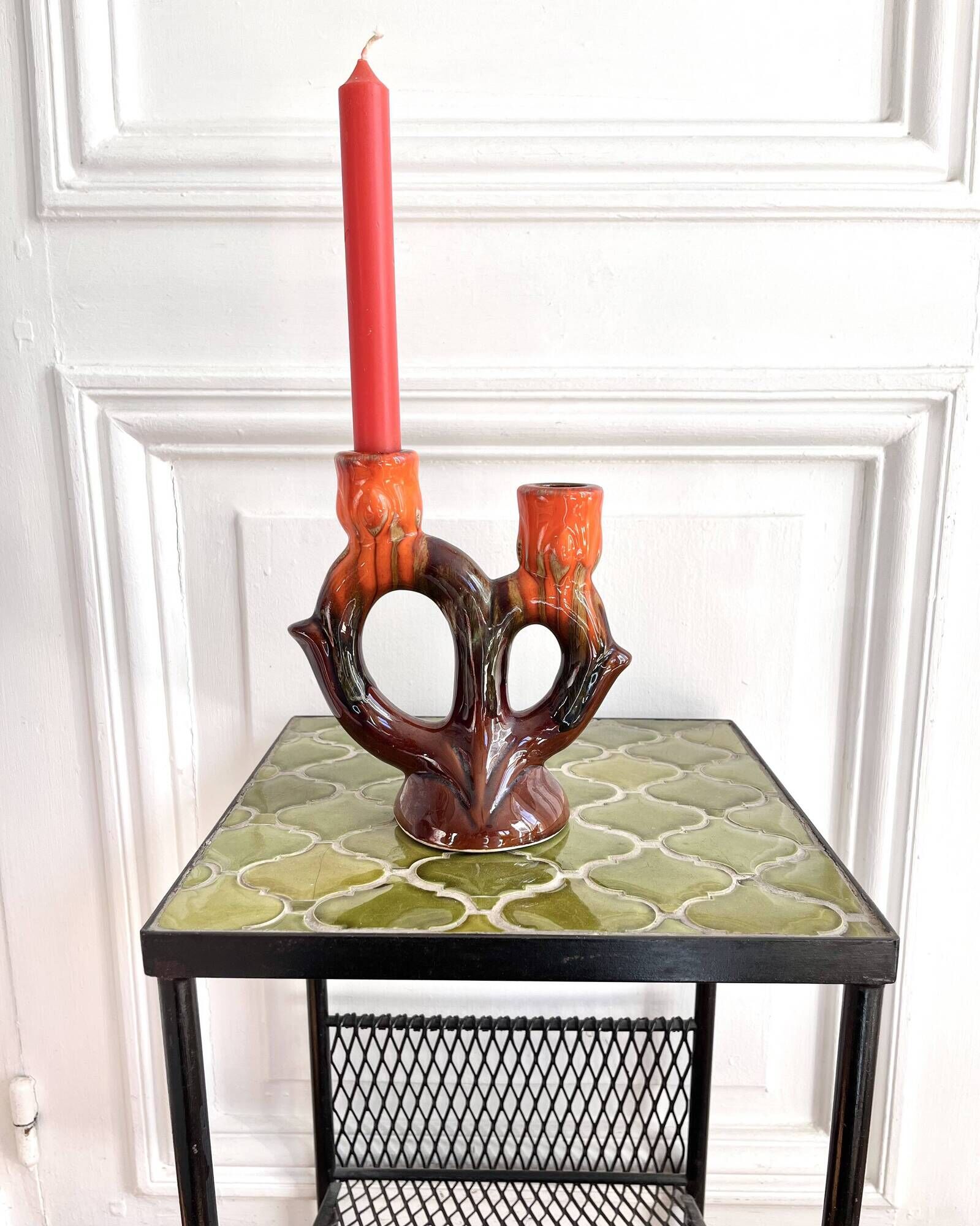1960s ceramic two-branch candlestick chandelier