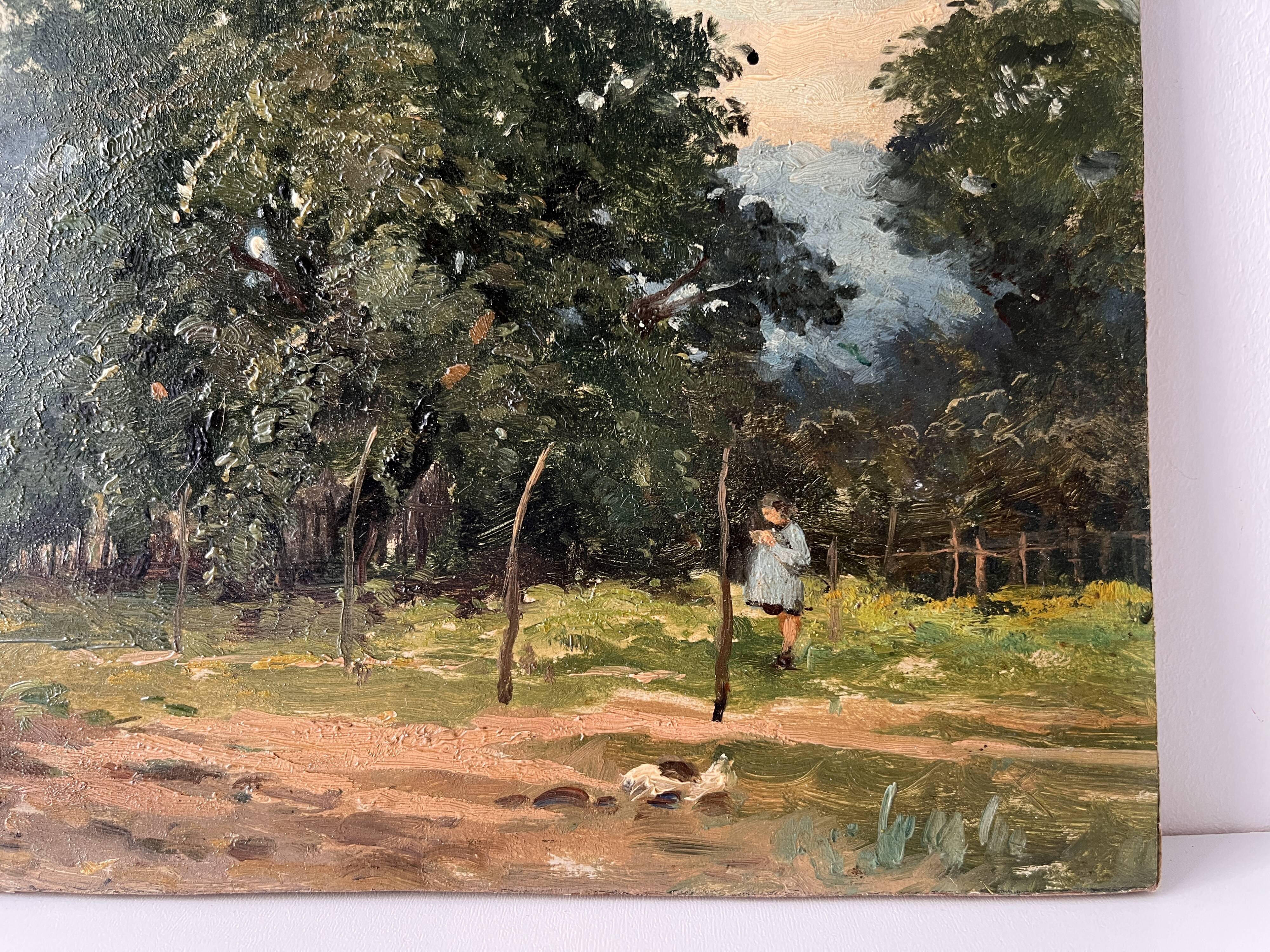 Oil painting of a countryside landscape circa 1920, rural scene signed.