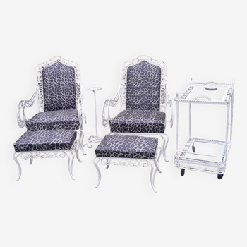 Pair of ottoman armchairs with wrought iron garden vintage old design trolley