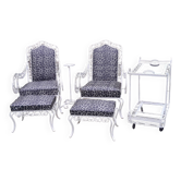 Pair of ottoman armchairs with wrought iron serving trolley, vintage garden, old design