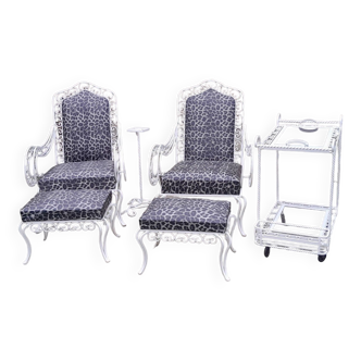 Pair of ottoman armchairs with wrought iron garden vintage old design trolley