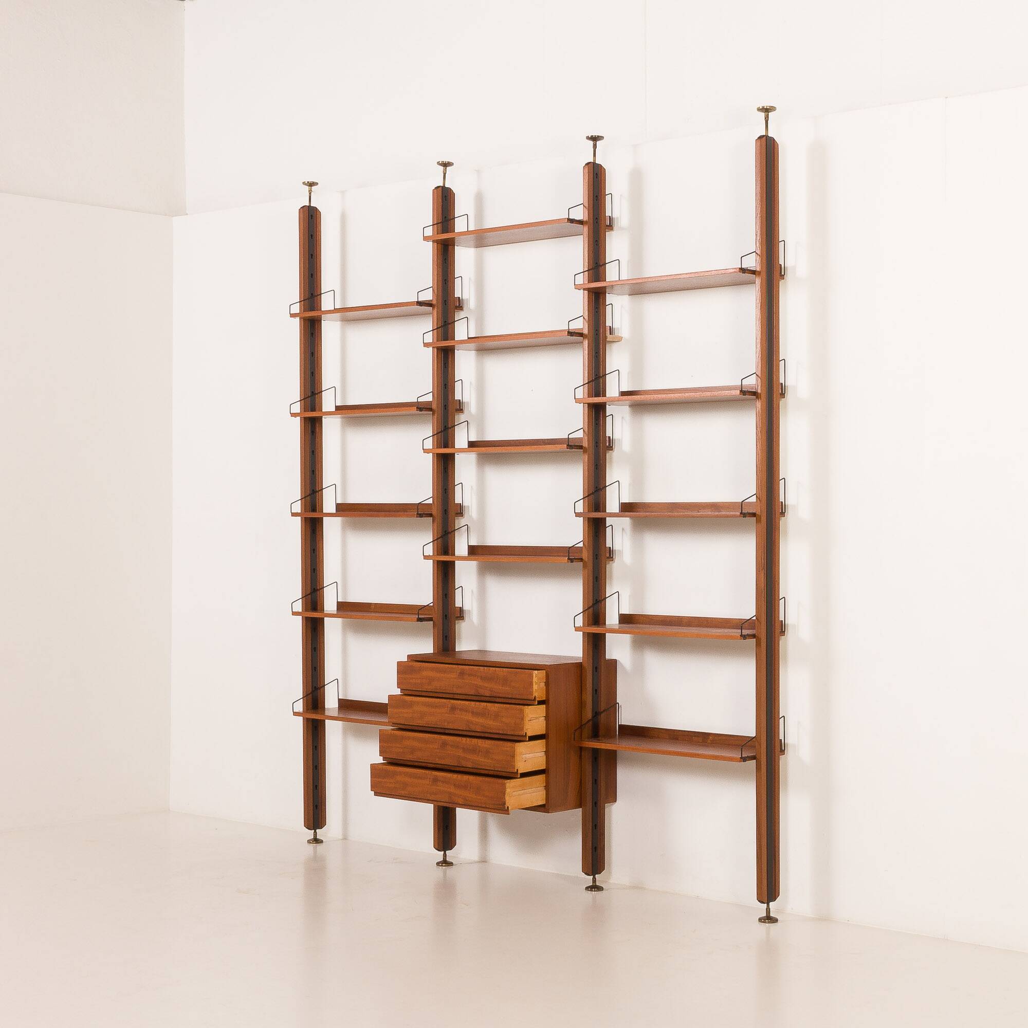 Italian mid century floor to ceiling teak wall unit or room divider, 1960