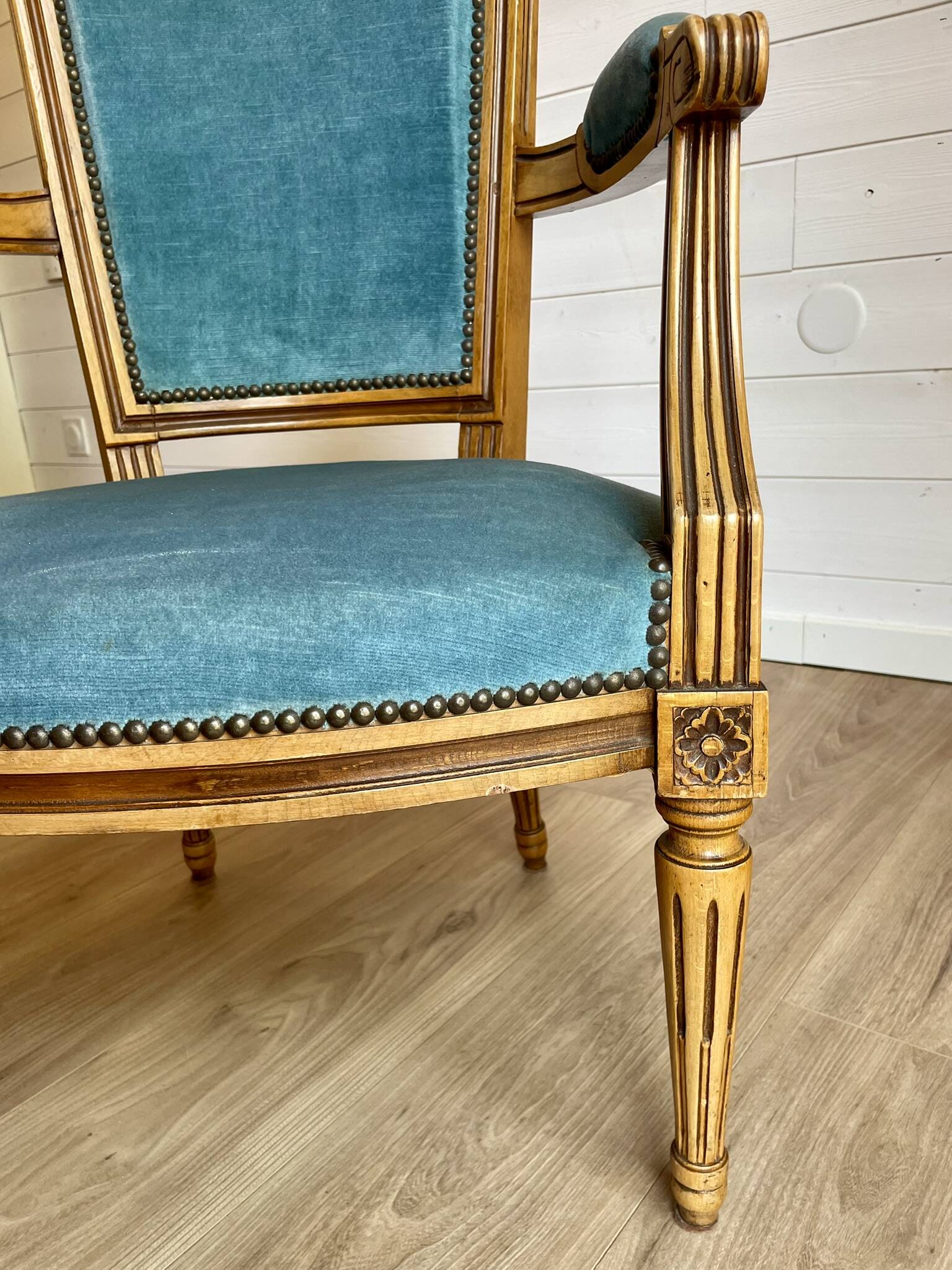Pair of Louis XVI vintage cabriolet armchairs in duck blue velvet and wood.