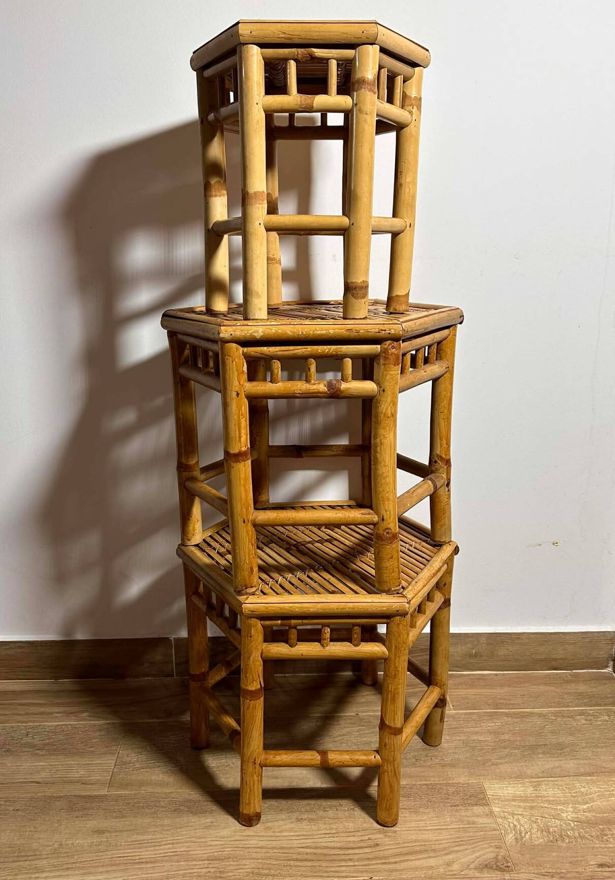 Vintage Boho Mid Century Bamboo Hexagonal Side Coffee Tables Flower Stools