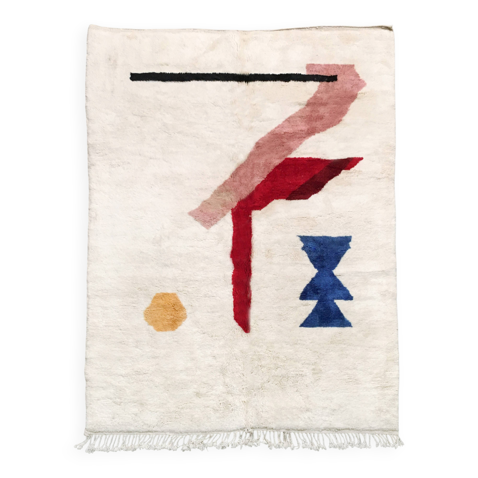 Moroccan Berber rug M'rirt, ecru with colorful patterns, 2.92x2.12m