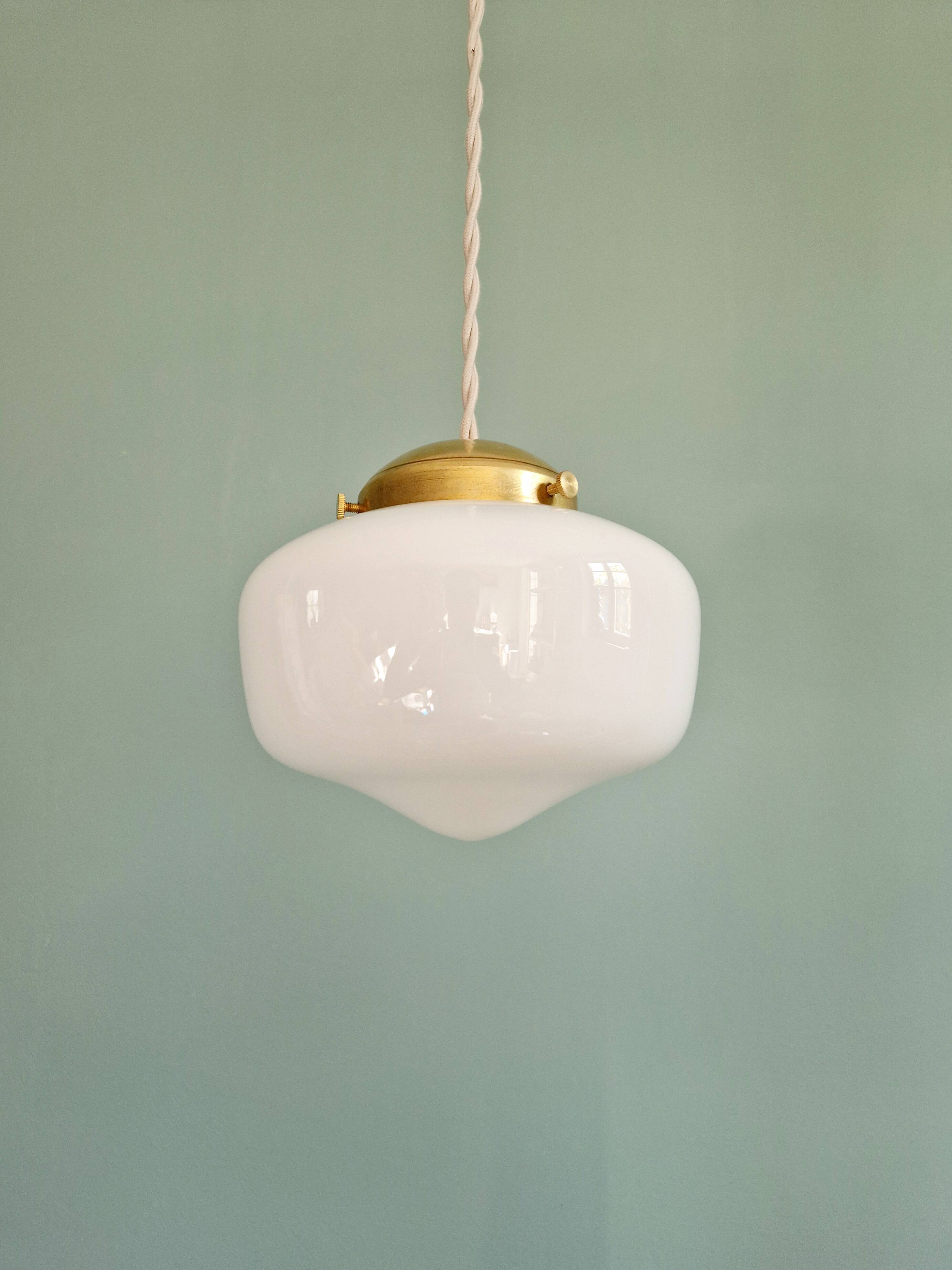 Art Deco pendant/portable lamp in conical white opaline glass, 1920s-30s
