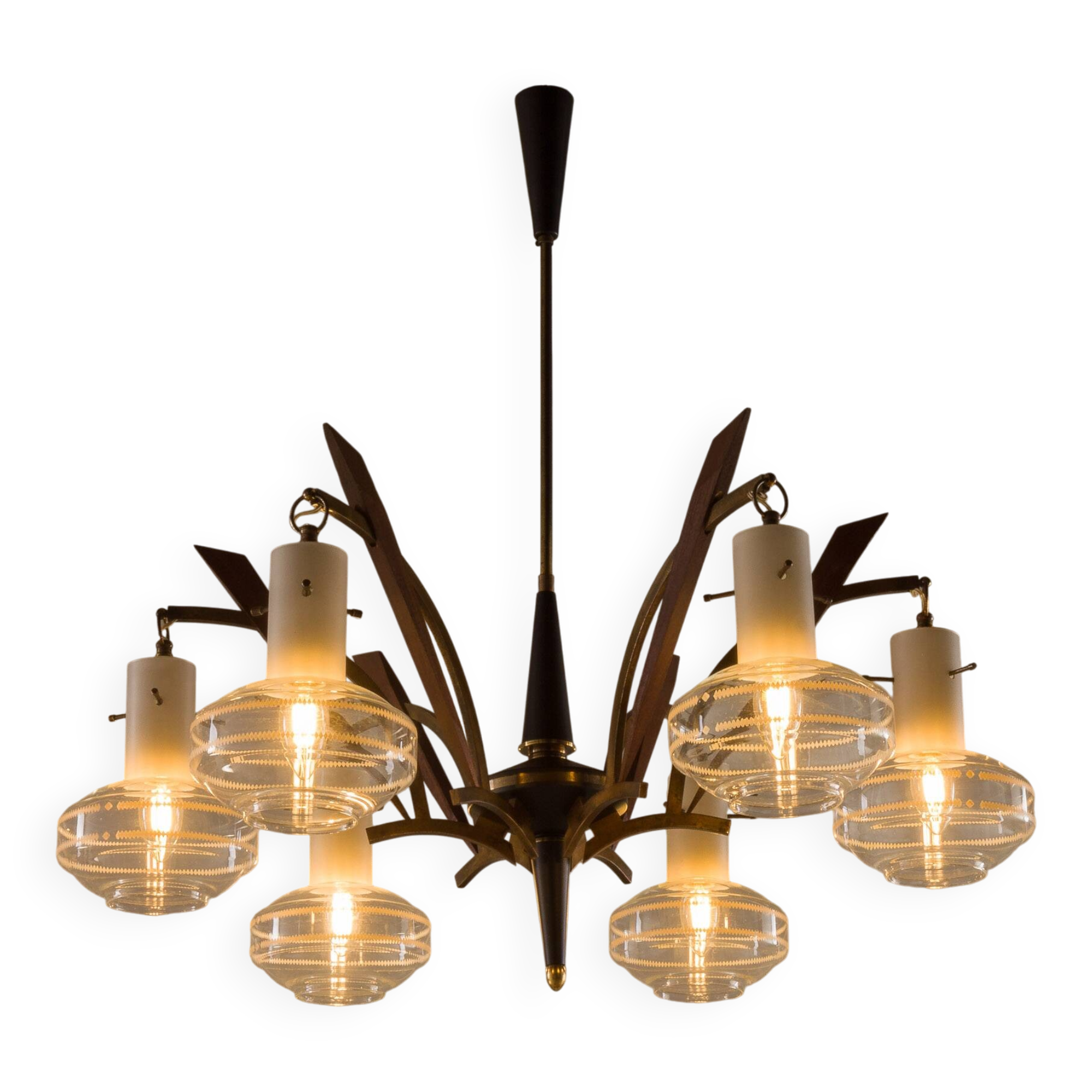 Italian mid-century Murano glass and teak chandelier attributed to Stilnovo, 1960s