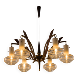 Italian mid-century Murano glass and teak chandelier attributed to Stilnovo, 1960s