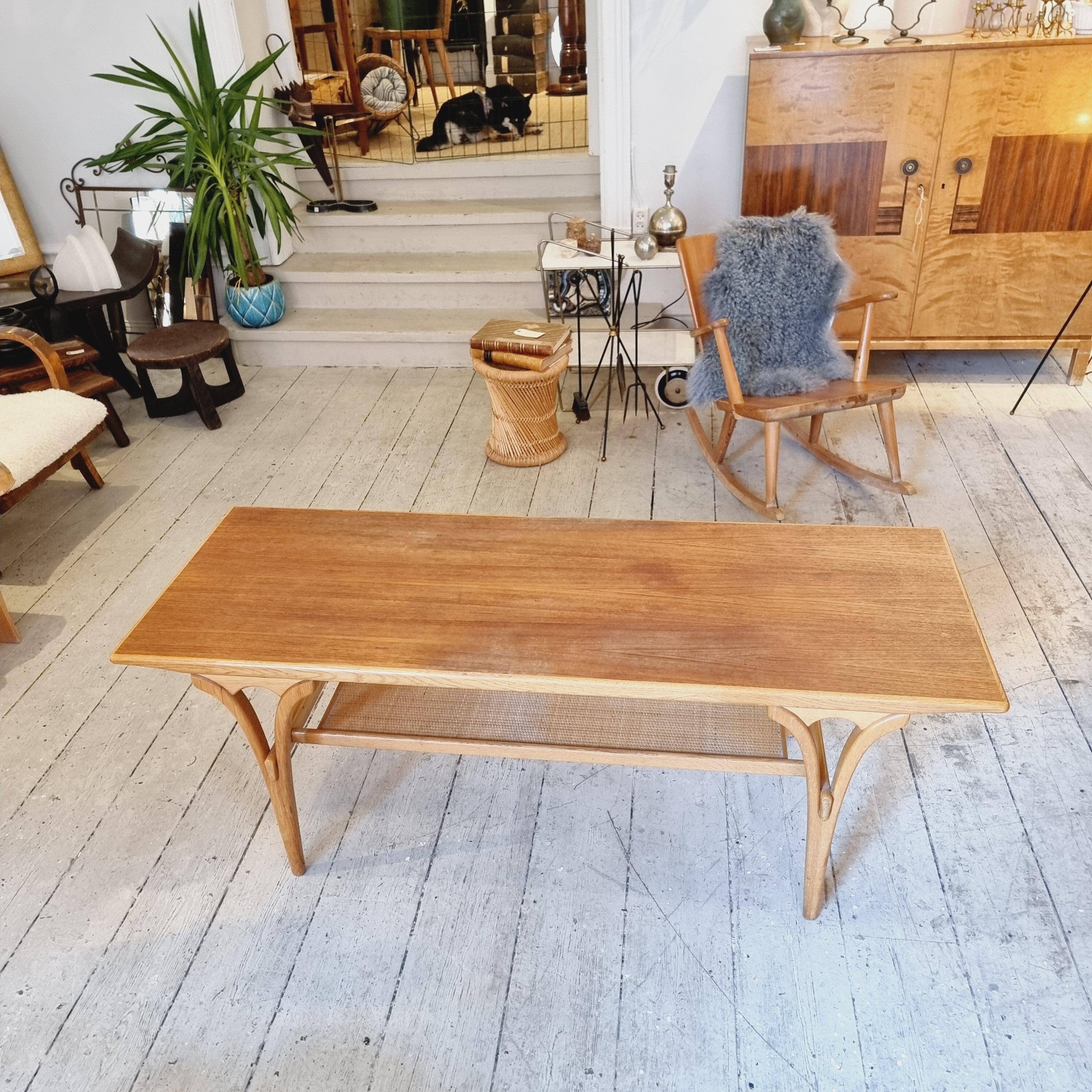 Birger Larsson, coffee table / side table, teak, oak and rattan. Modern Scandinavian.
