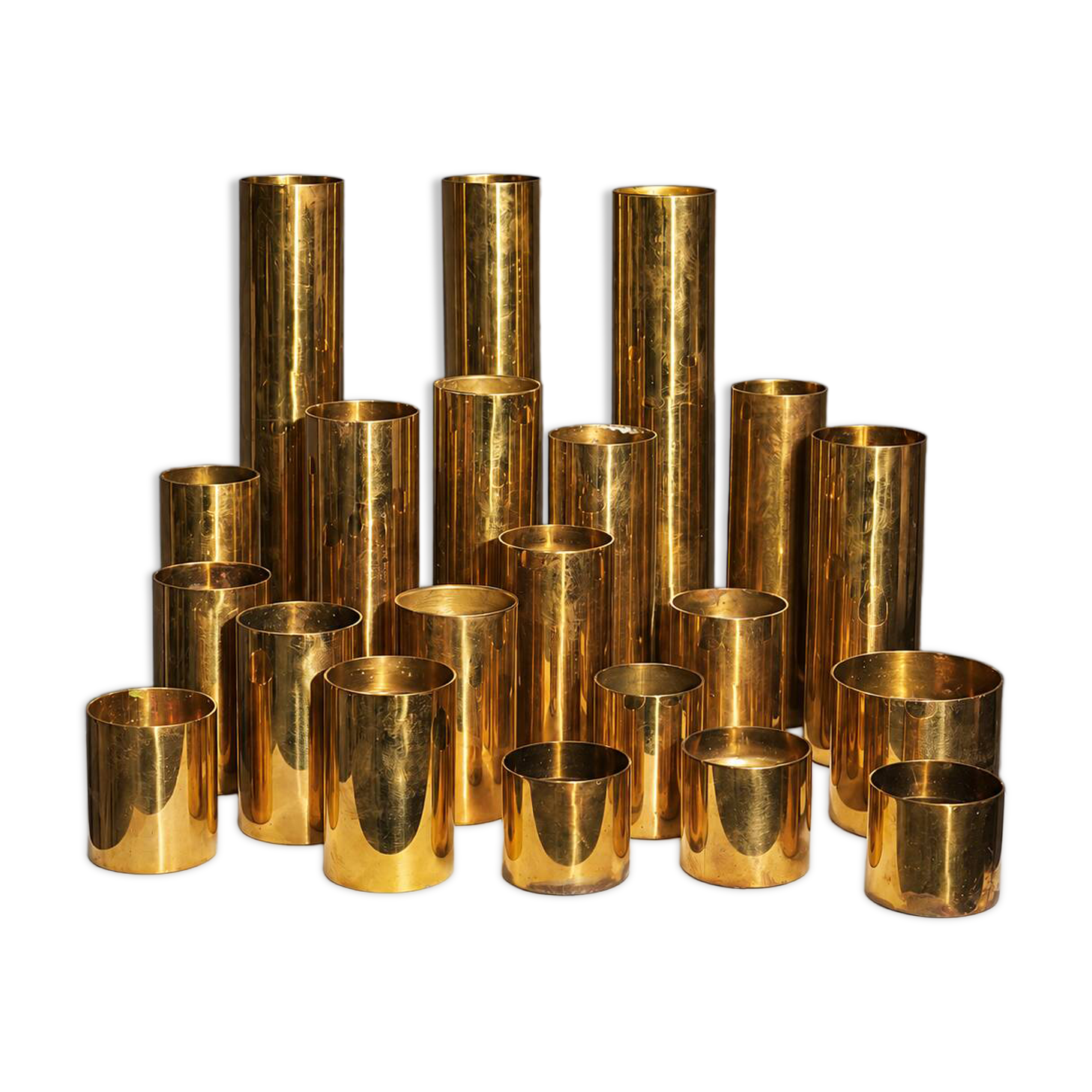 Collection of 21 modular brass candle holders — Colseth, Norway, circa 1960–70