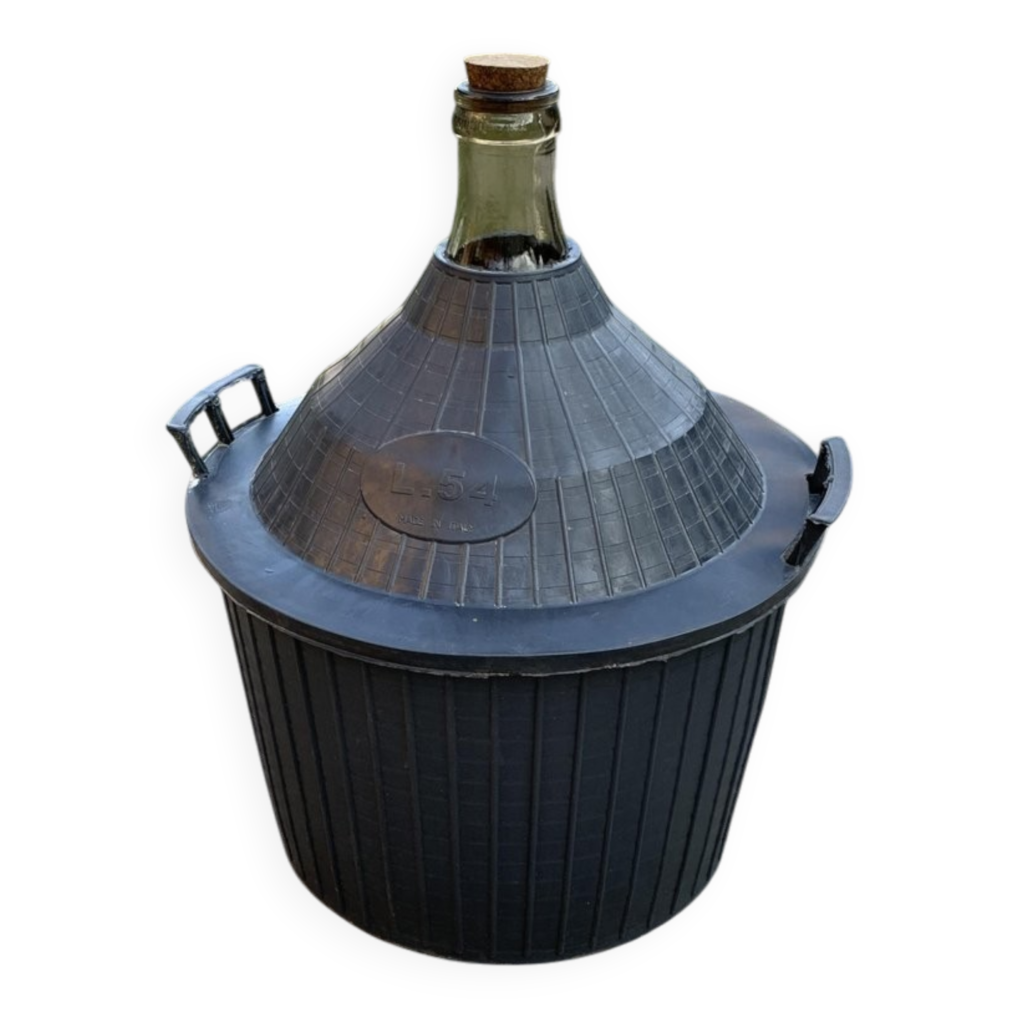 Dame-Jeanne vintage in olive green glass with a basket and black plastic lid.