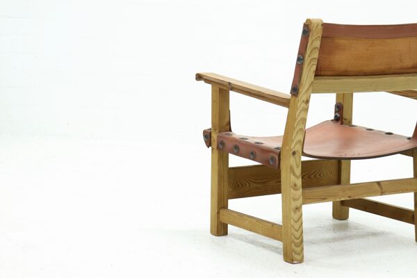 Fauteuil brutaliste en cuir de pin et cognac des années 1960