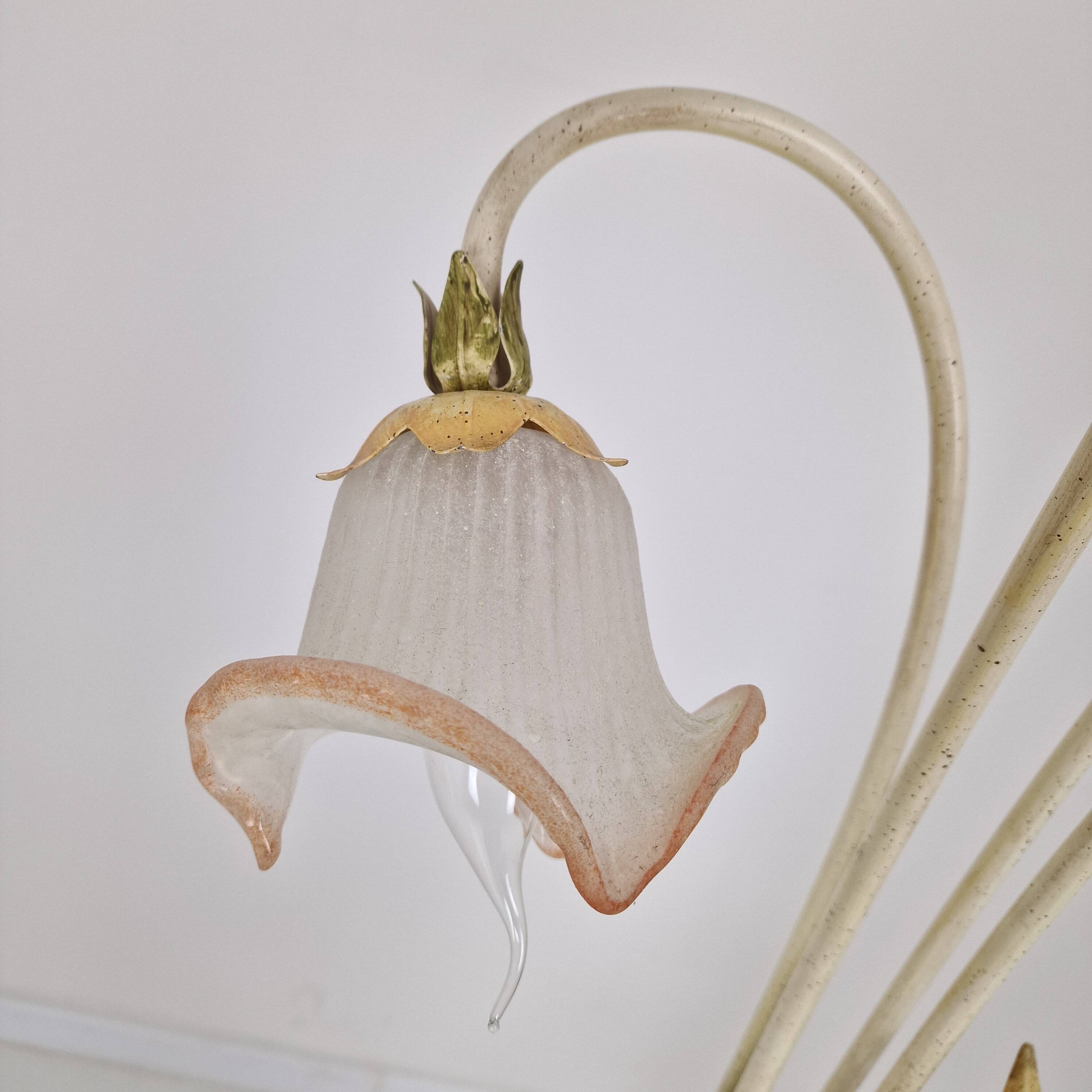 Italian Floor Lamp with Metal Stems, Leaf Details and Murano Glass Flowers