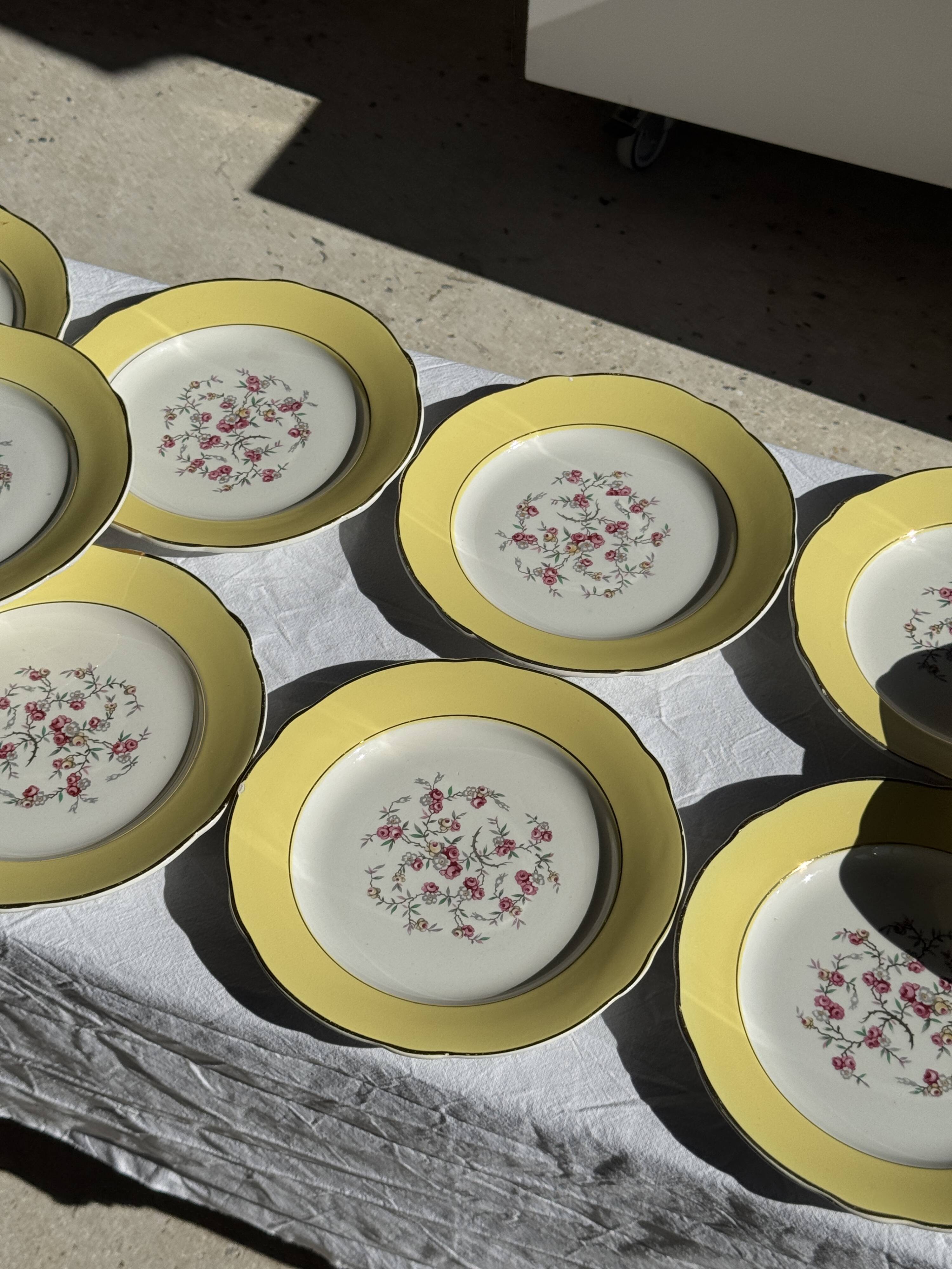 Lot de 19 grandes assiettes plates vintage jaunes fleurs roses liseré doré