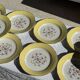 Lot de 19 grandes assiettes plates vintage jaunes fleurs roses liseré doré