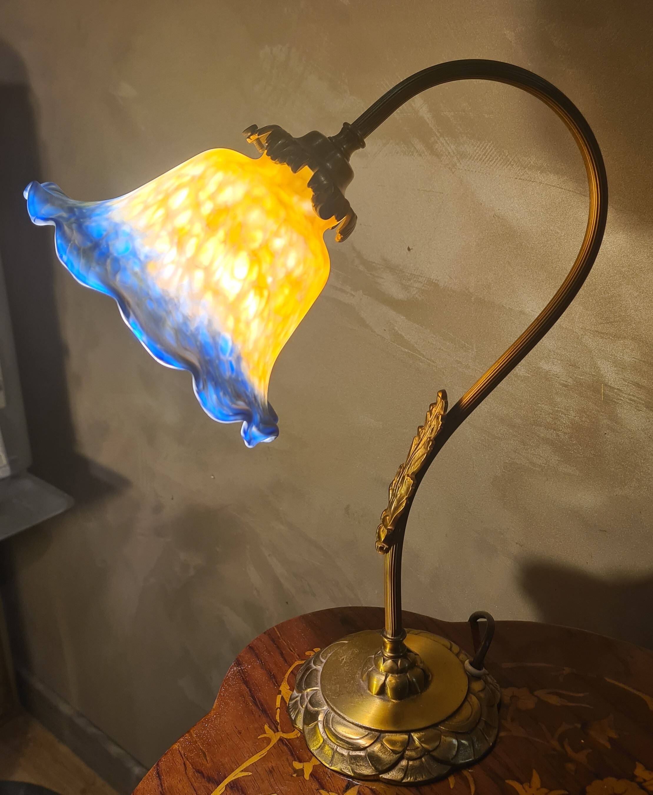 pair of brass bedside lamps 40x32 glass paste lampshade electric 1970s