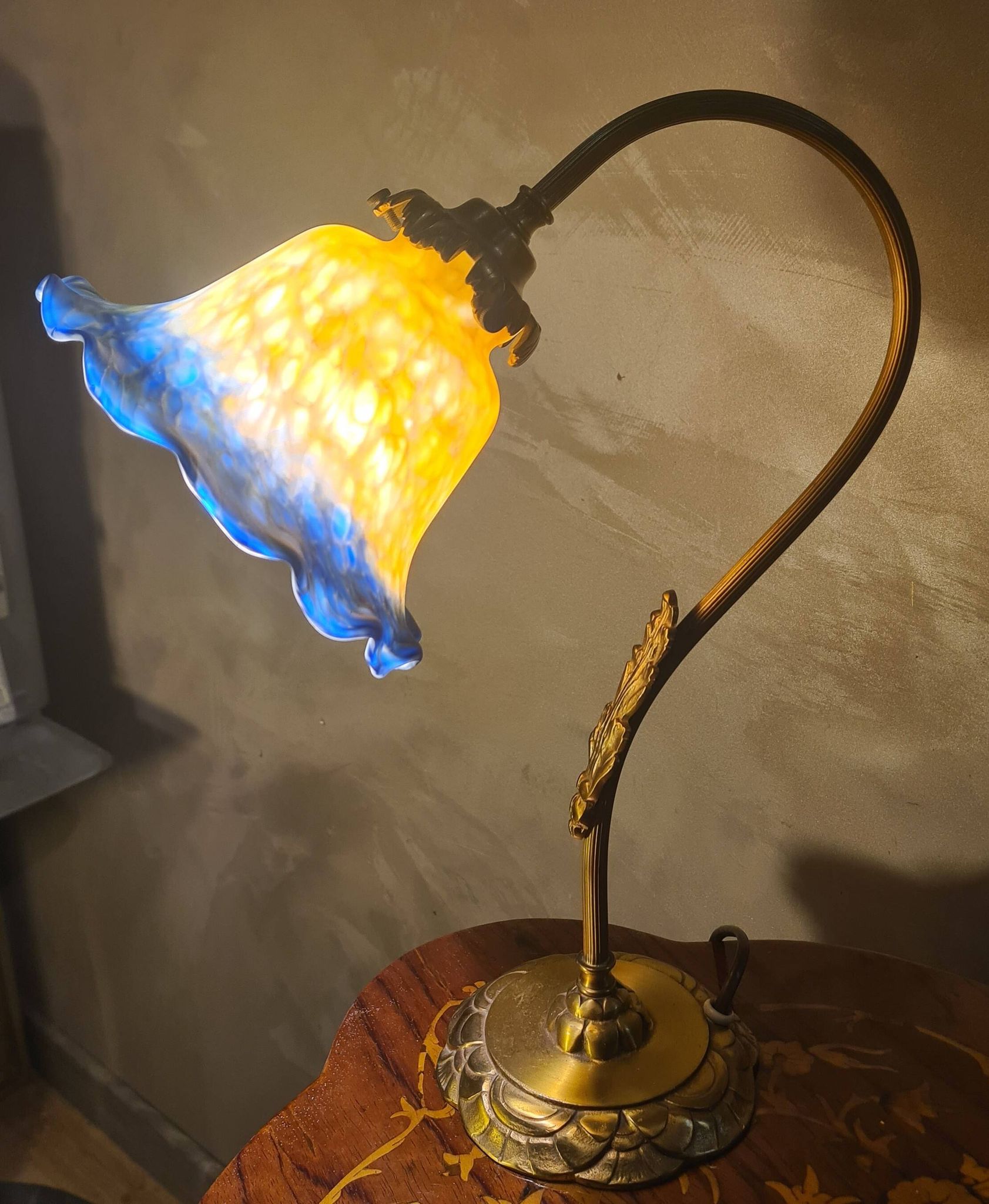 pair of brass bedside lamps 40x32 glass paste lampshade electric 1970s