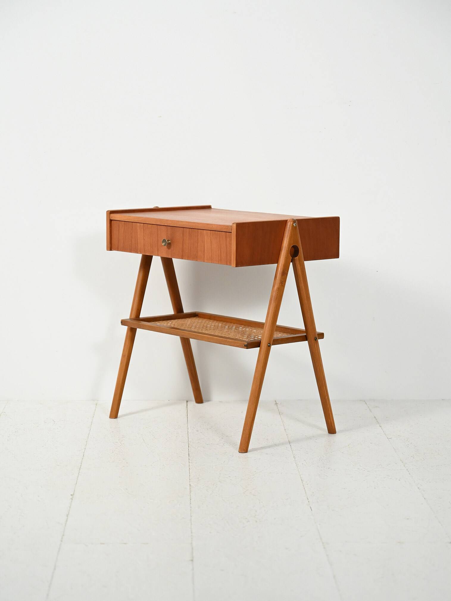 Scandinavian vintage bedside table in teak with Vienna cane