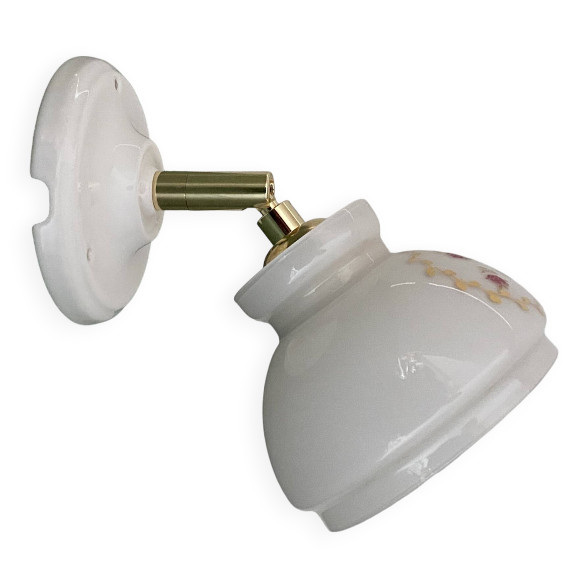 Applique murale en opaline blanche - douille et bras laiton, support metal