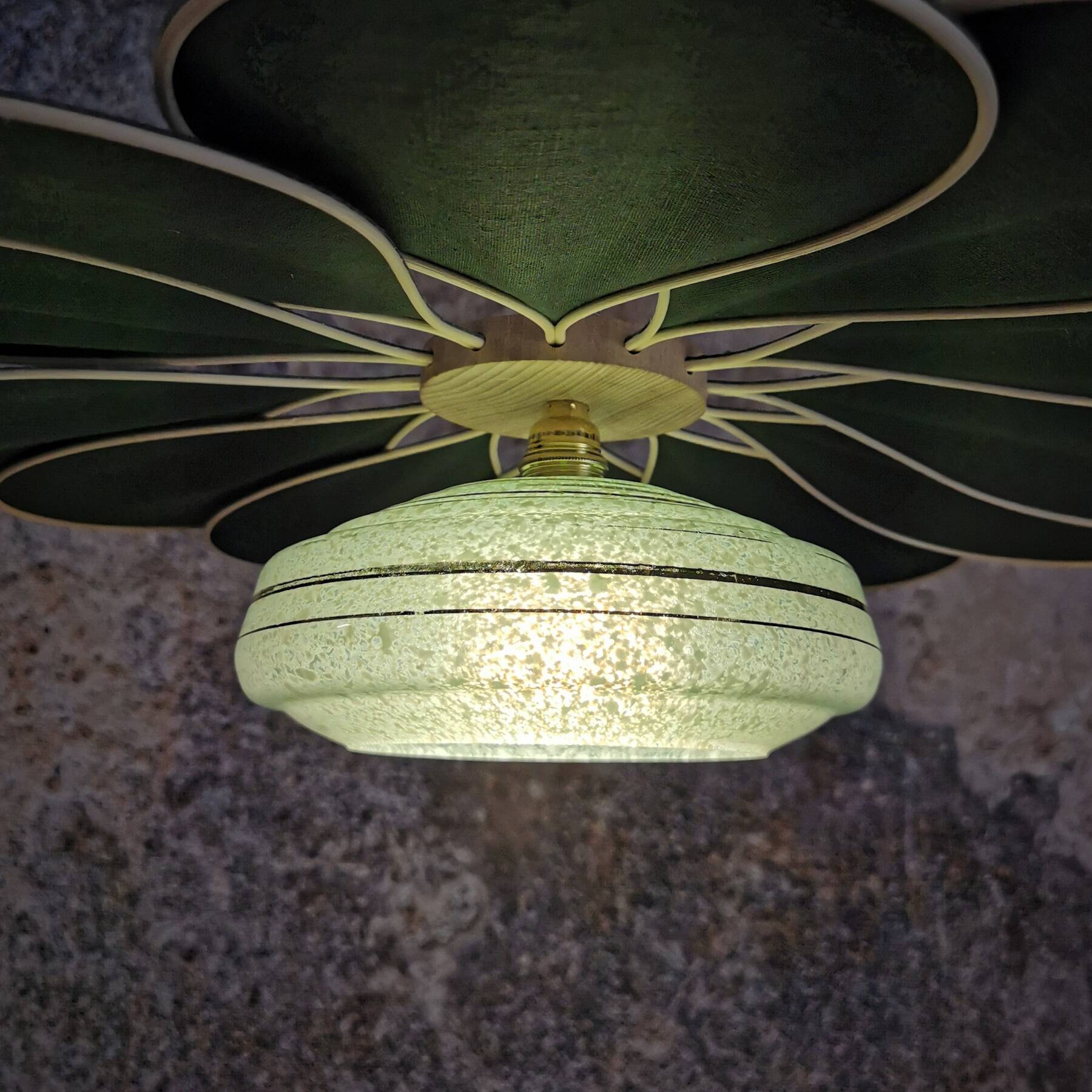 Rattan and Green Linen Flower Pendant Light and Vintage Clichy Glass Globe