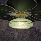 Rattan and Green Linen Flower Pendant Light and Vintage Clichy Glass Globe