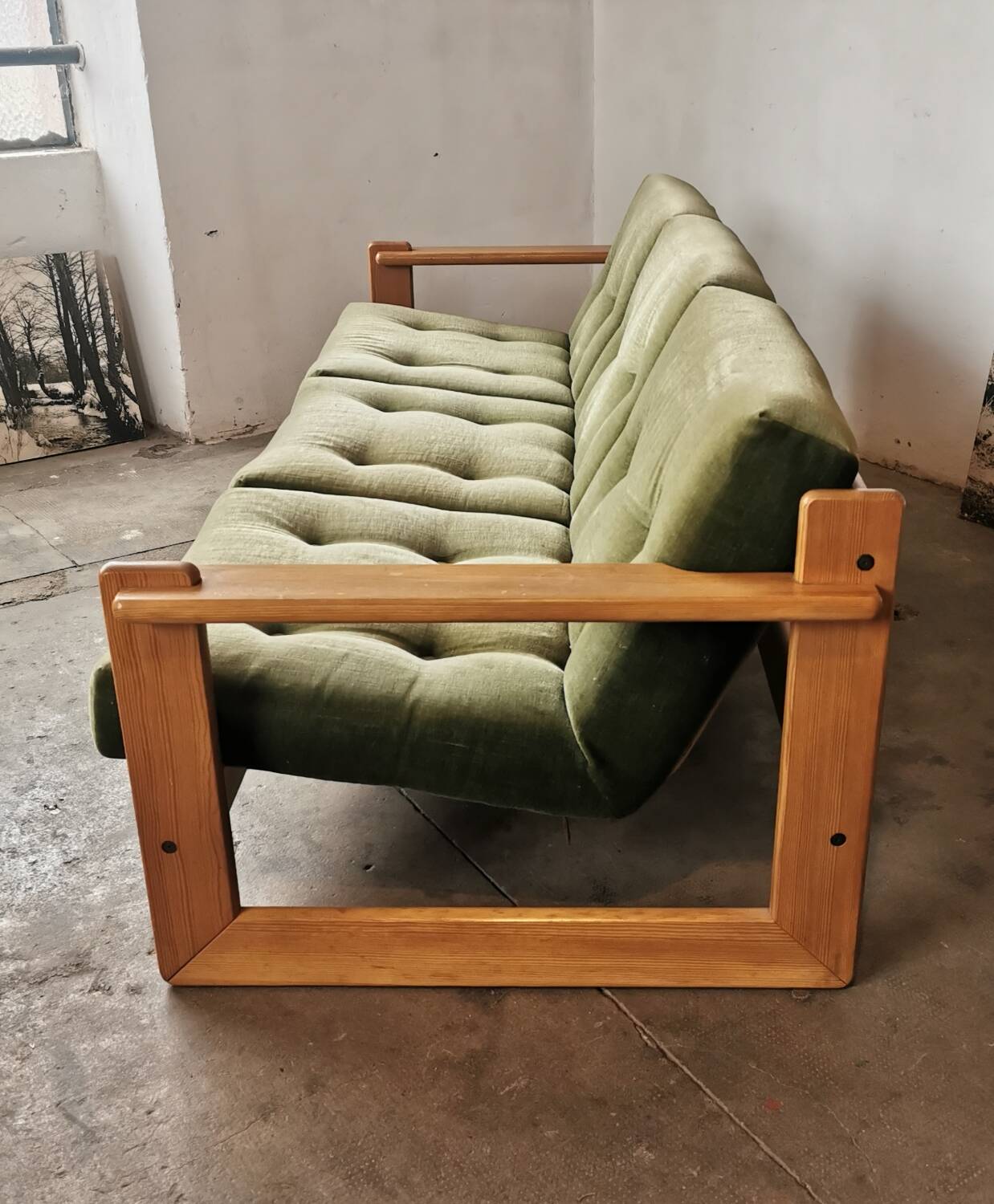 Scandinavian velvet and wood sofa