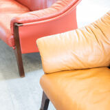 Frau sofas in cognac and burgundy leather, 1980s/90s, set of 2