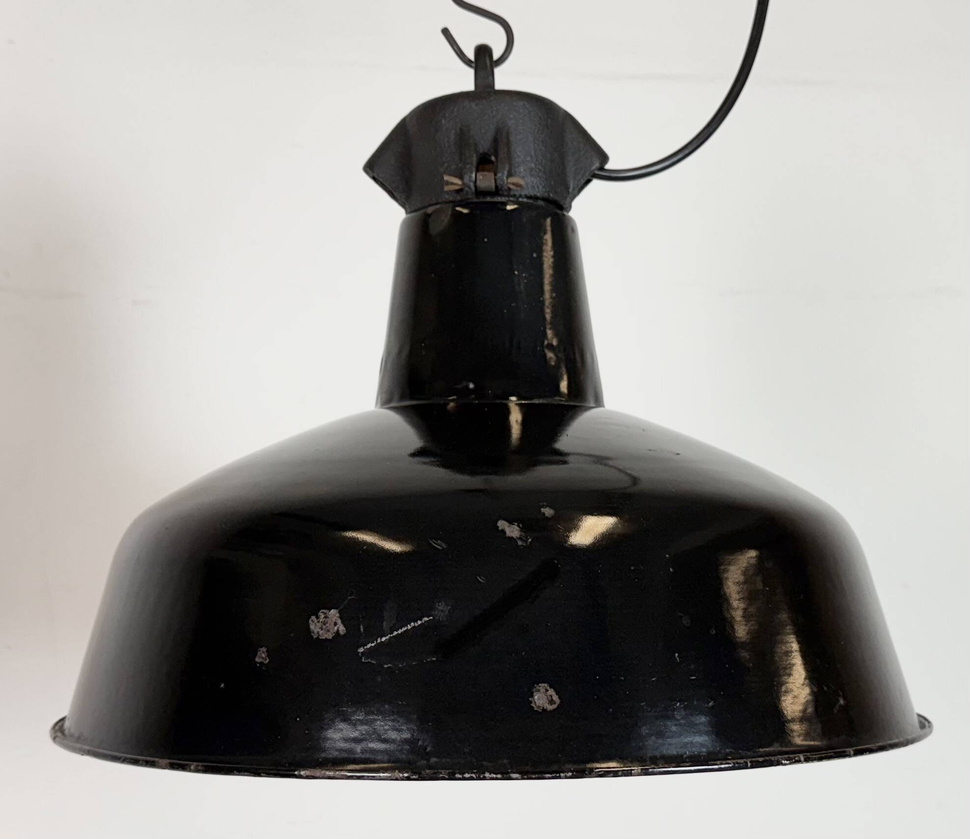 Industrial Black Enamel Factory Lamp with Cast Iron Top, 1950s