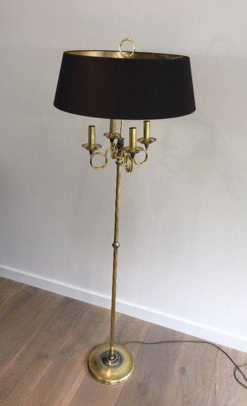 Floor lamp in brushed steel and brass. In the style of Maison Charles