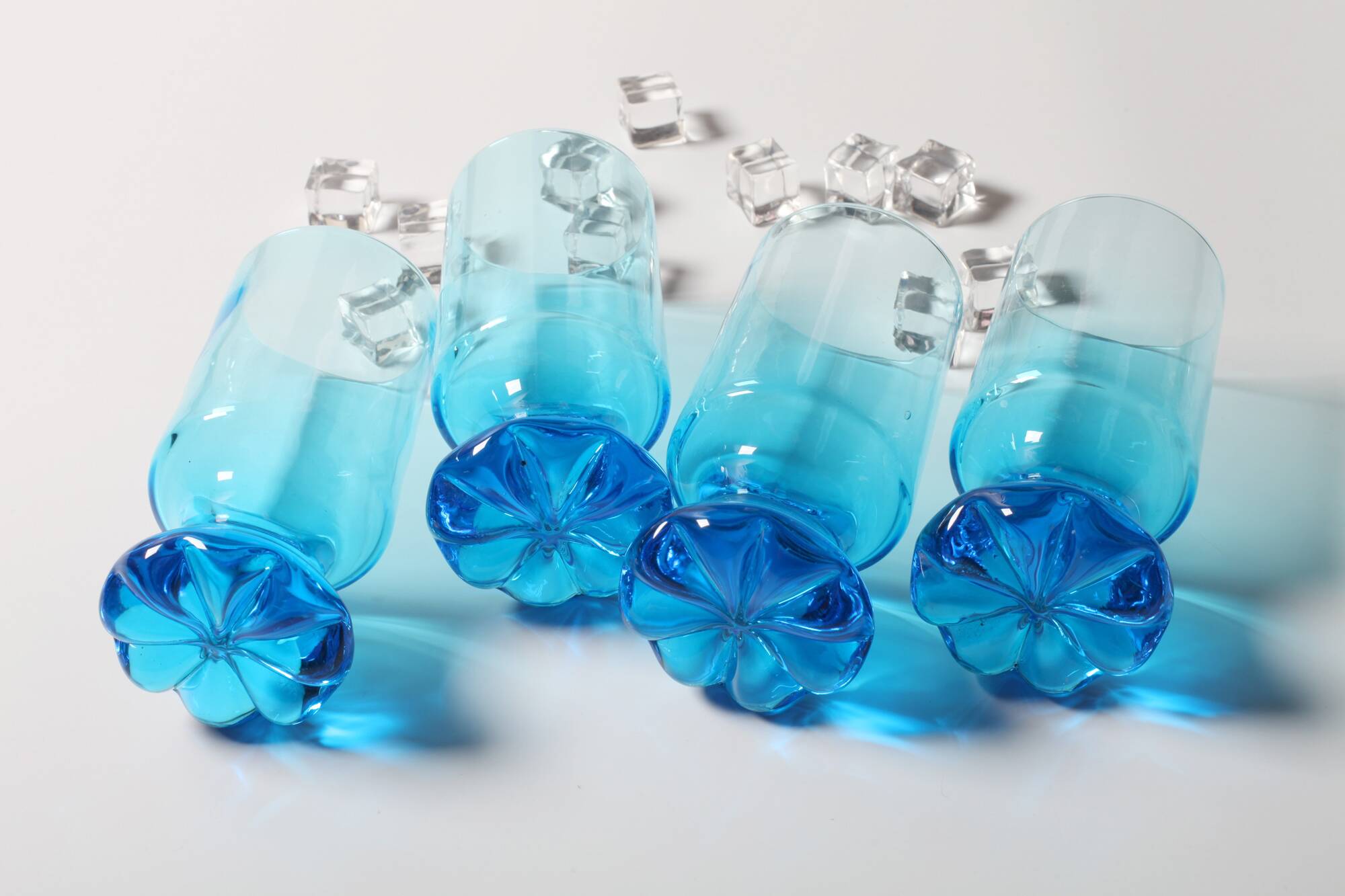 Set of 4 Unique Vintage Bright Blue Glasses / Solid Rare Tumblers / Italy /