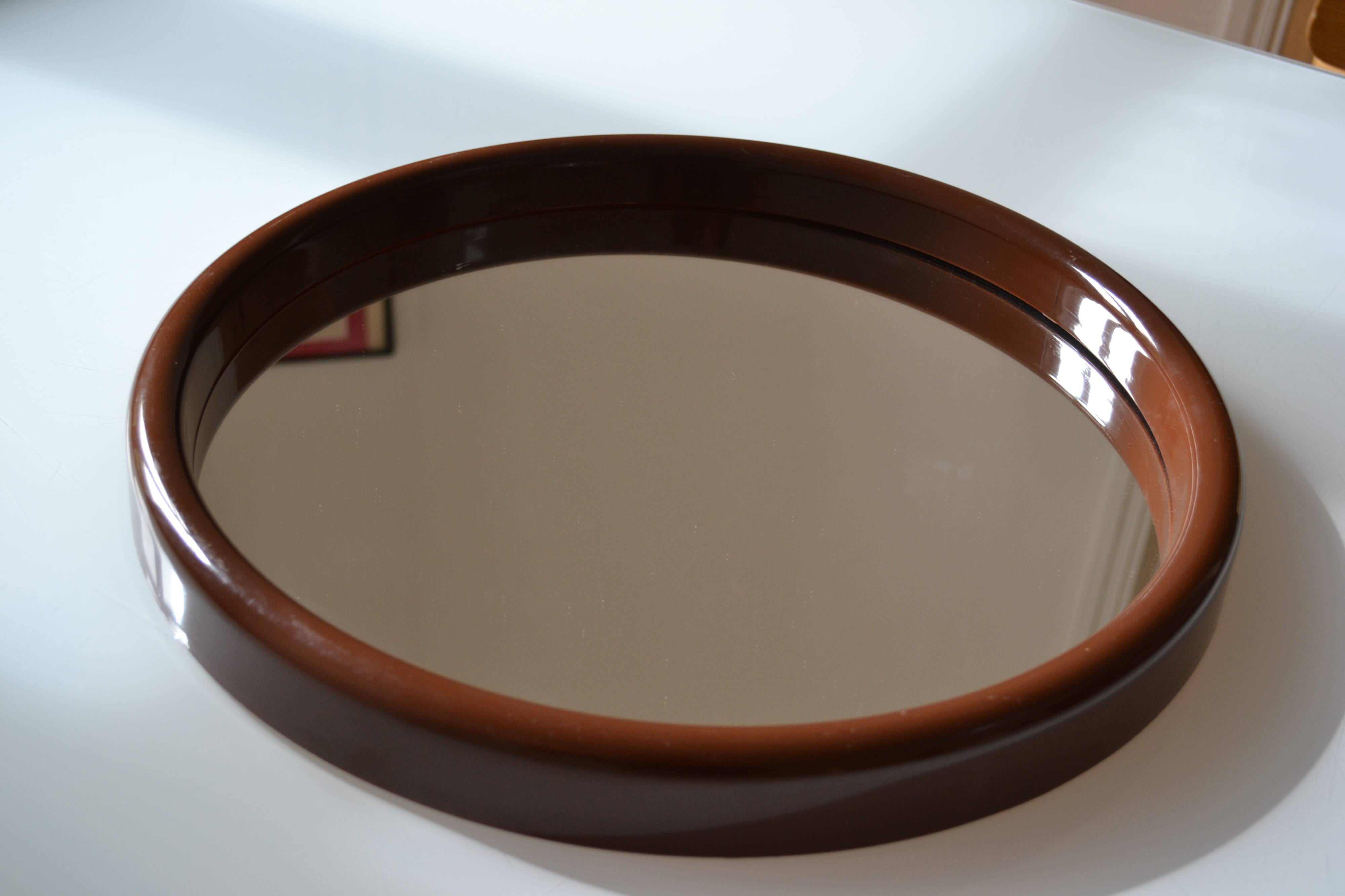 Scandinavian round mirror from the 70s brown plastic Finnmirror made in Finland
