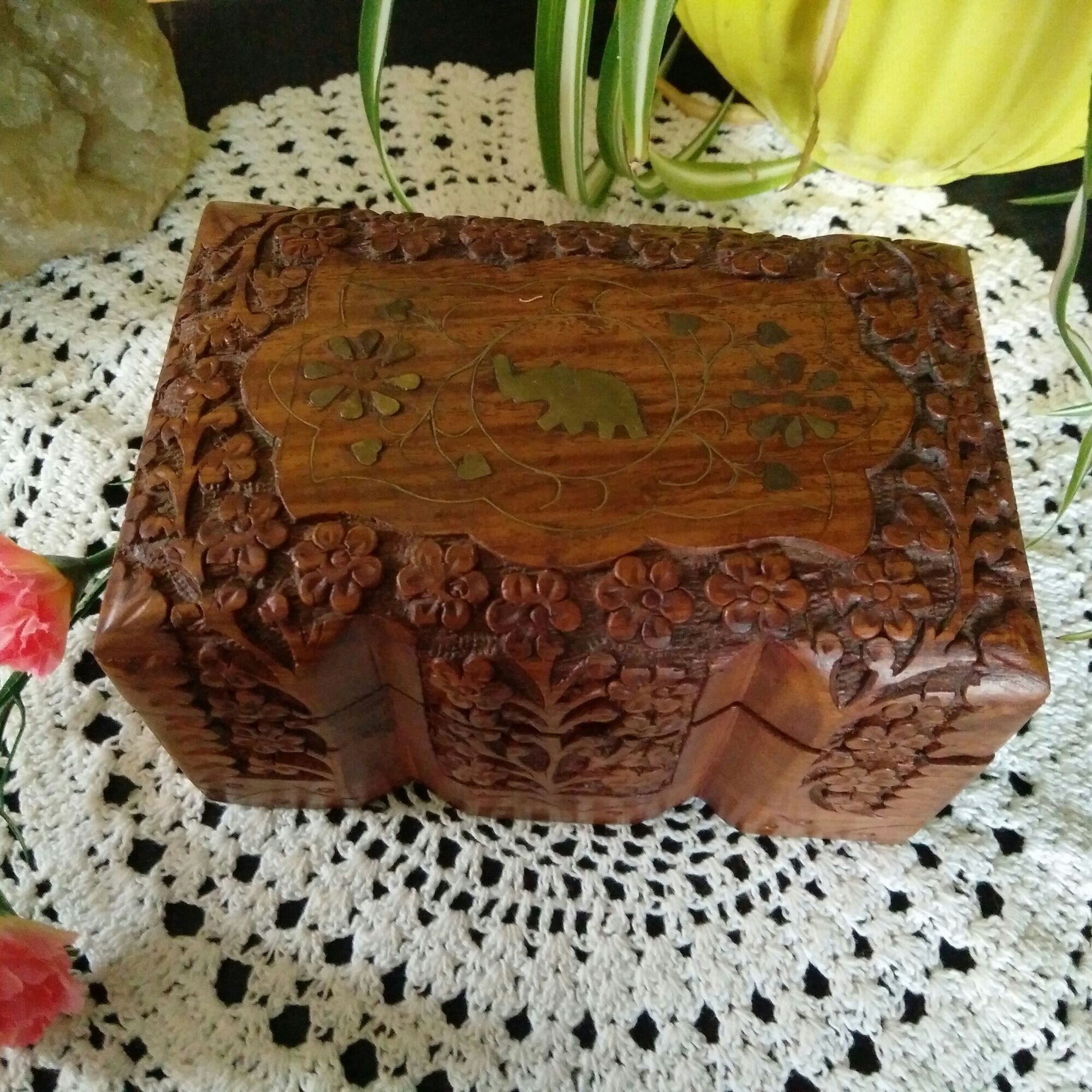 Ancient wooden jewelry box with mirror, engravings and brass décor,Asia India