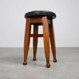 Arts & Crafts Meets Early Art Deco Oak & Leather Stool, France 1920