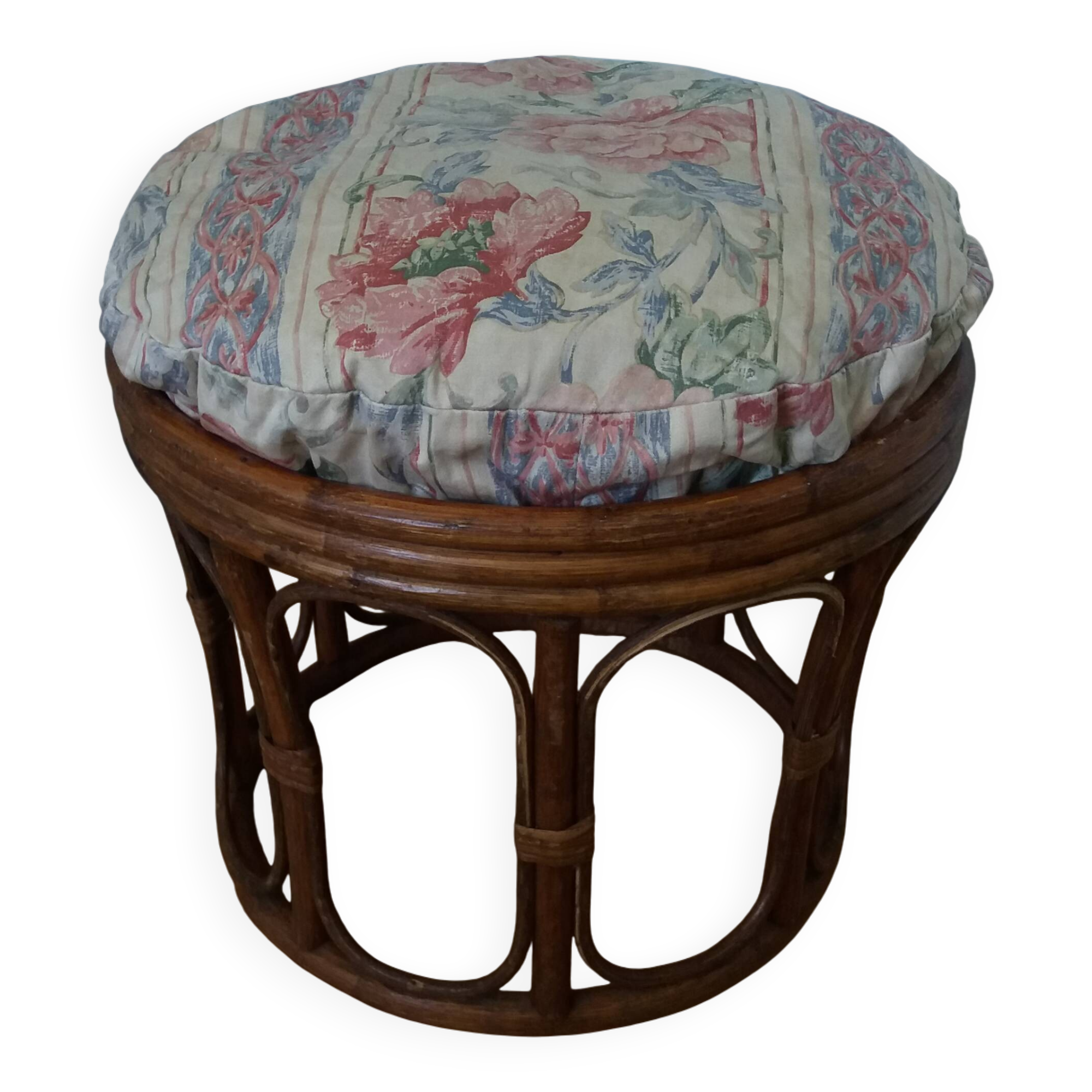 Rattan wicker pouffe from the 70s with cushion.