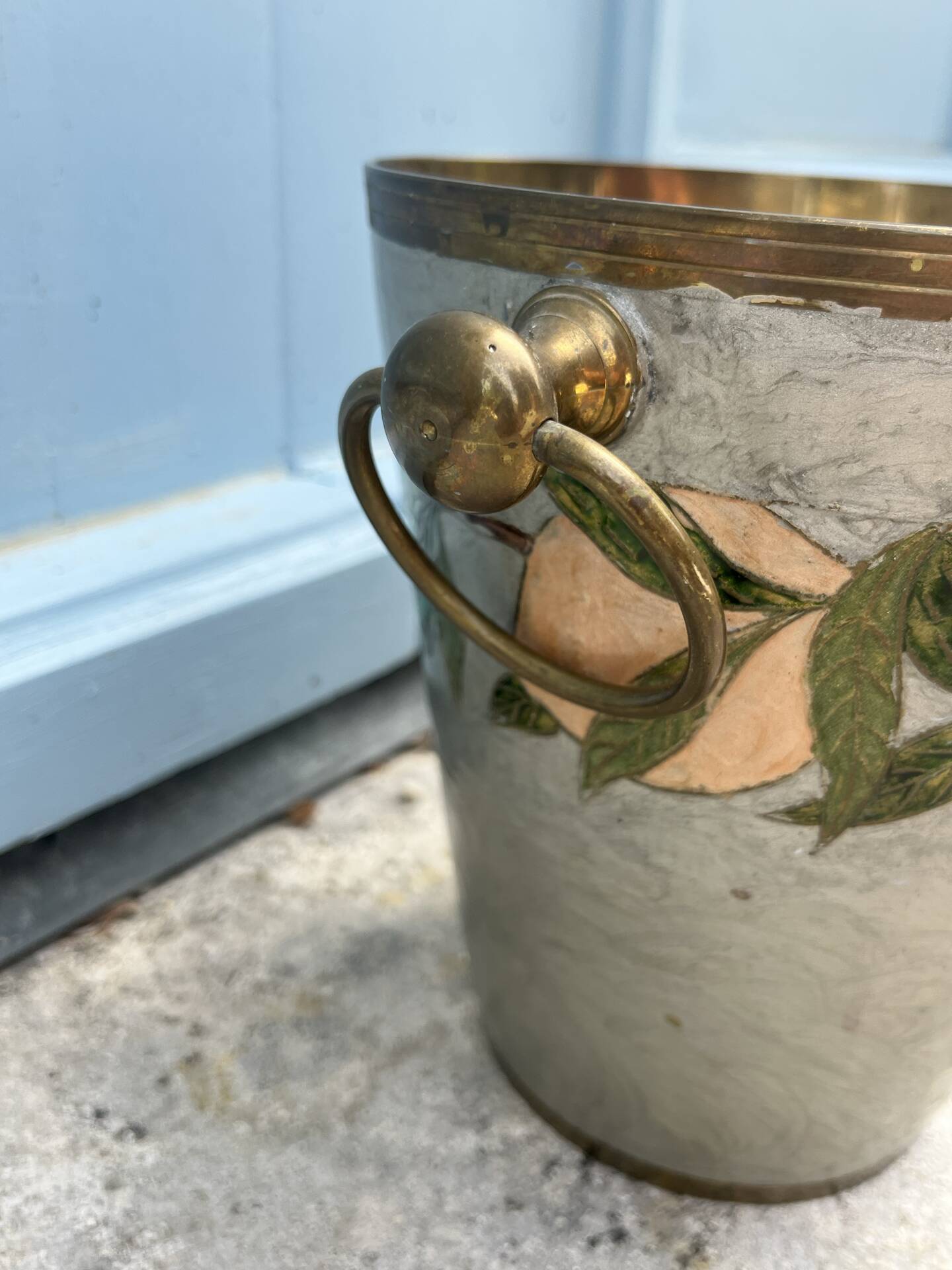 French Cloisonné Champagne Bucket with Fruit Garland & Brass Handles