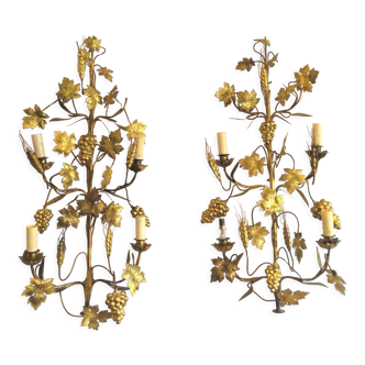 Paire d'appliques flor'art feuilles et grappes de raisins années 60