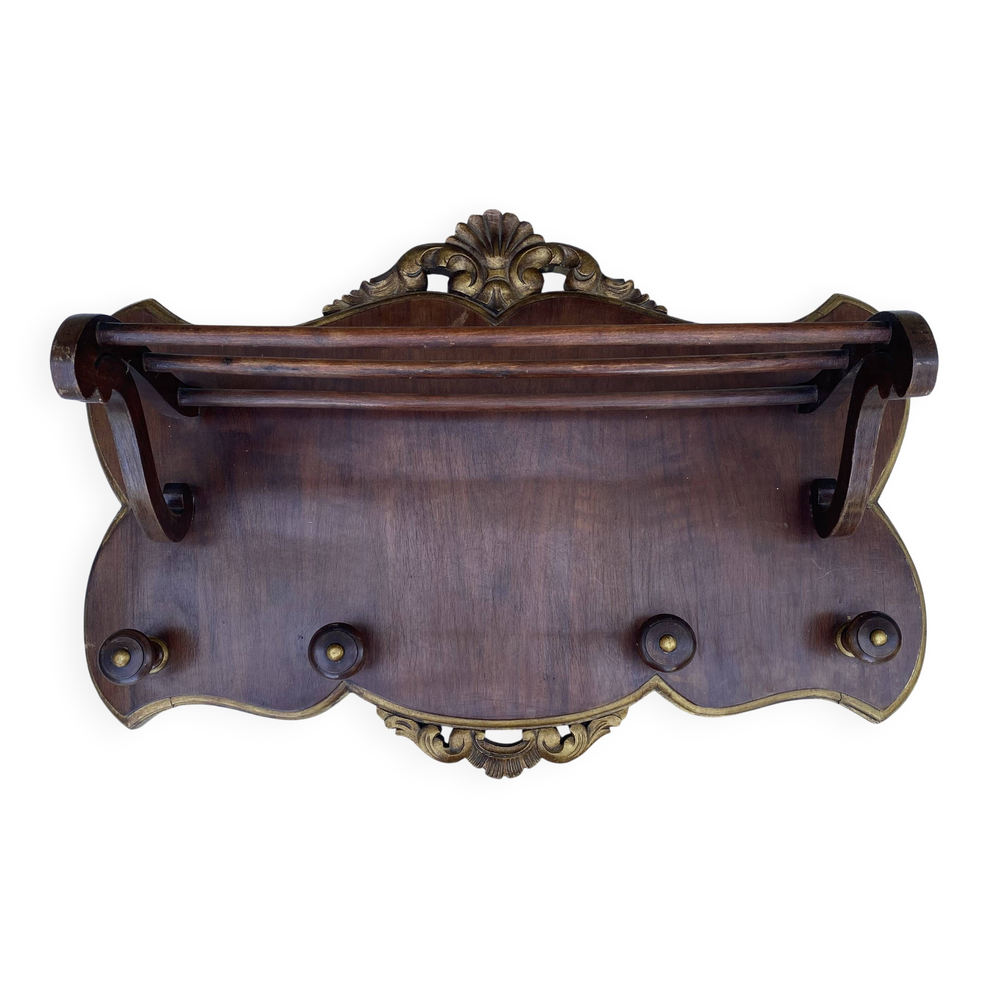 Coat rack and wall-mounted hat rack in an antique style.