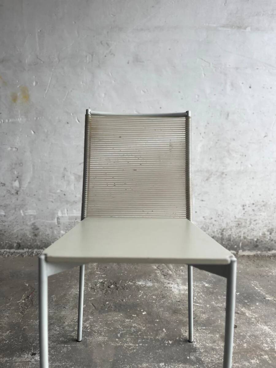 Set of 4 light grey powder-coated metal Fly Line chairs with cream rope - Giandomenico Belotti, 1980s