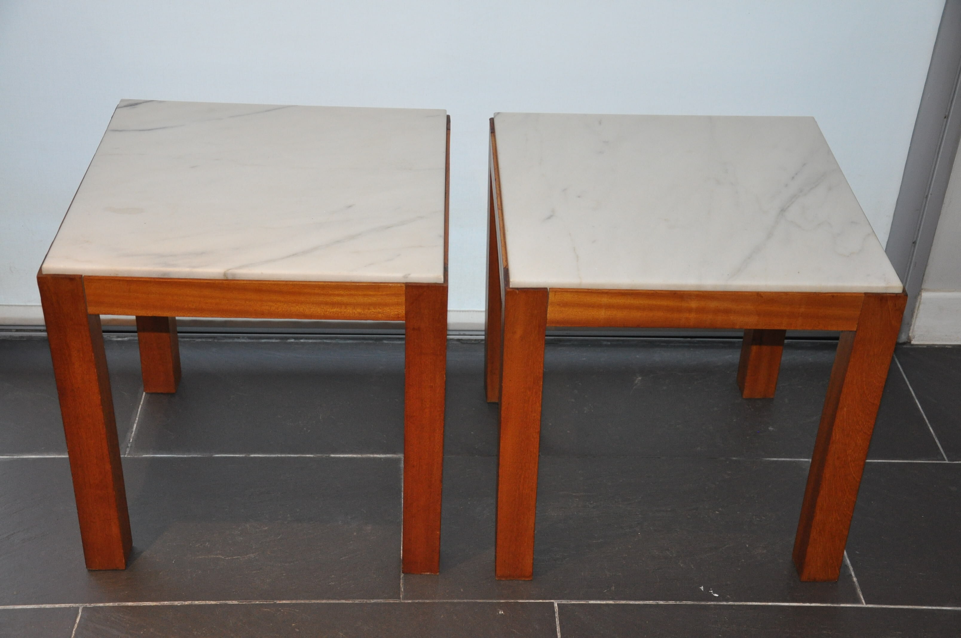 Pair of wooden and marble side tables