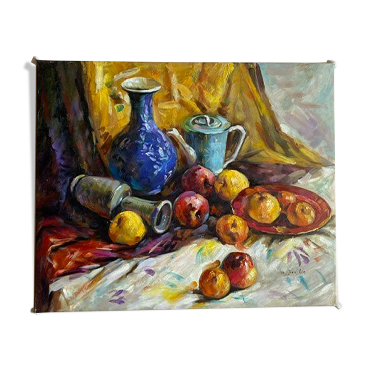 Ancient painting, still life with fruit, vase and teapot, signed, 20th century
