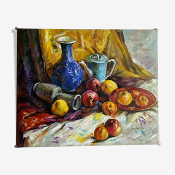 Ancient painting, still life with fruit, vase and teapot, signed, 20th century