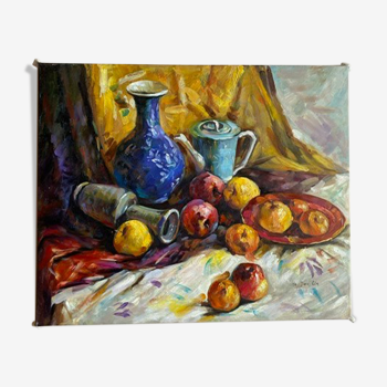 Tableau ancien , nature morte aux fruits, vase et théière, signé, XX siècle