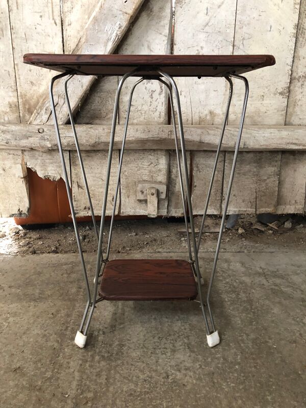 Sellette double plateau bois avec pieds métal courbé vintage