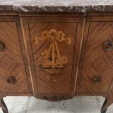 Transitional style commode with a protruding front, in marquetry wood, 20th century.