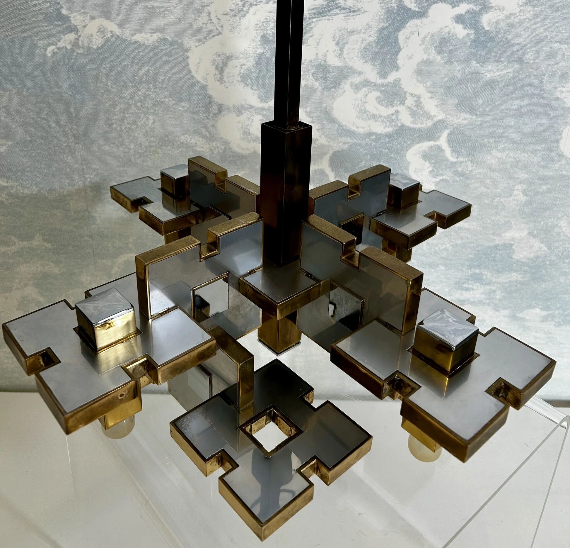 Chandelier géométrique par Gaetano Sciolari, Italie, années 1970, Hollywood Regency