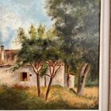 Old oil painting on cardboard landscape with house signed
