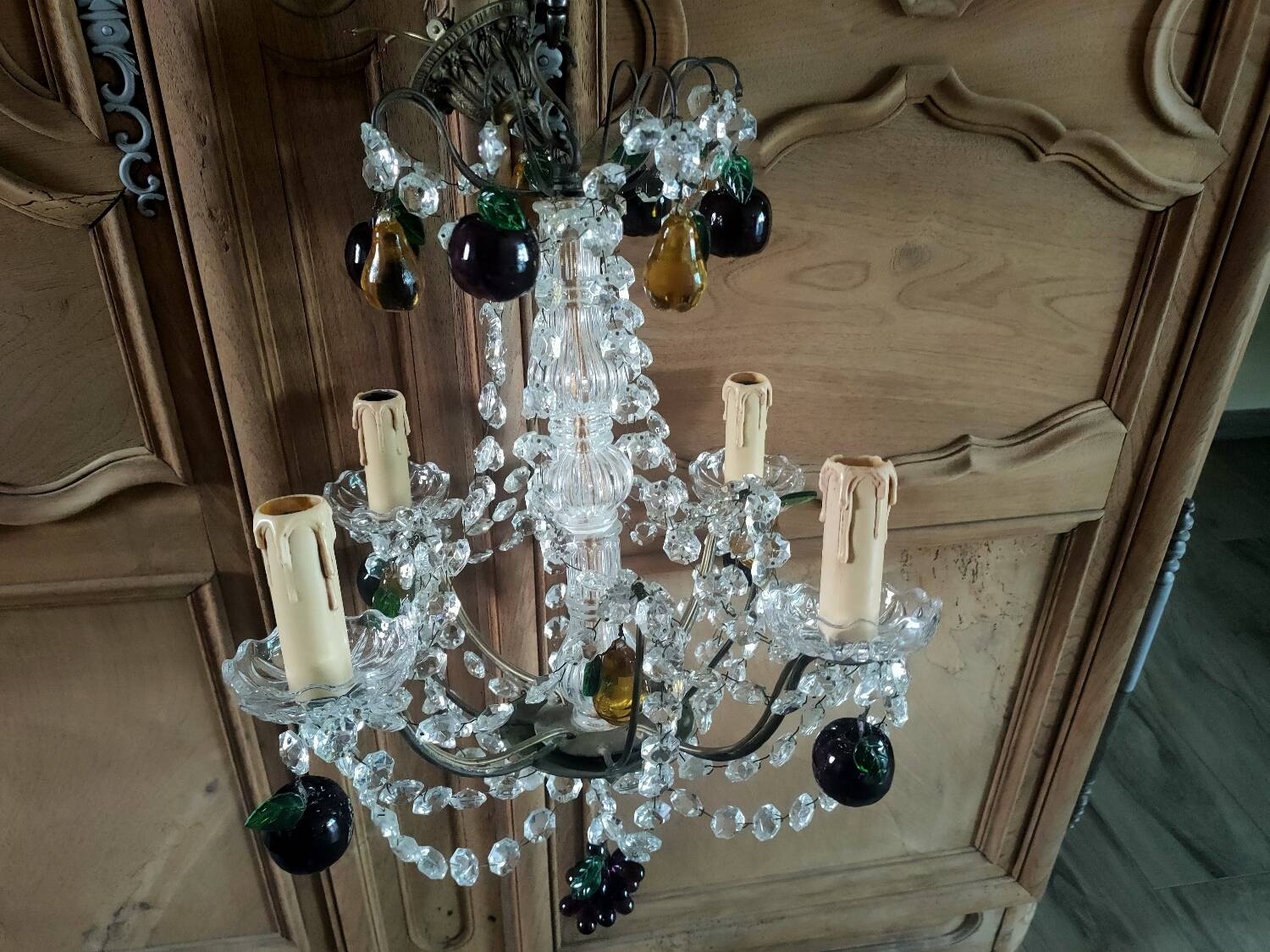 Golden bronze chandelier with fruit pendants