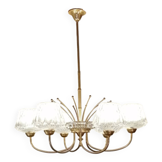 Lustre en métal doré 6 branches tulipes en verre ciselé Maison Lunel 1950