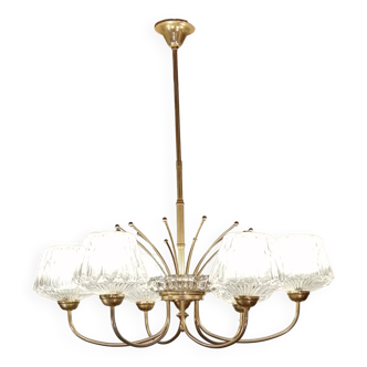 Chandelier in gold metal 6 tulip branches in chiseled glass Maison Lunel 1950